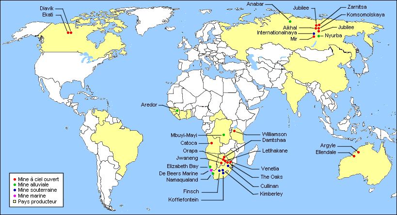 carte d'implantation des mines de diamants