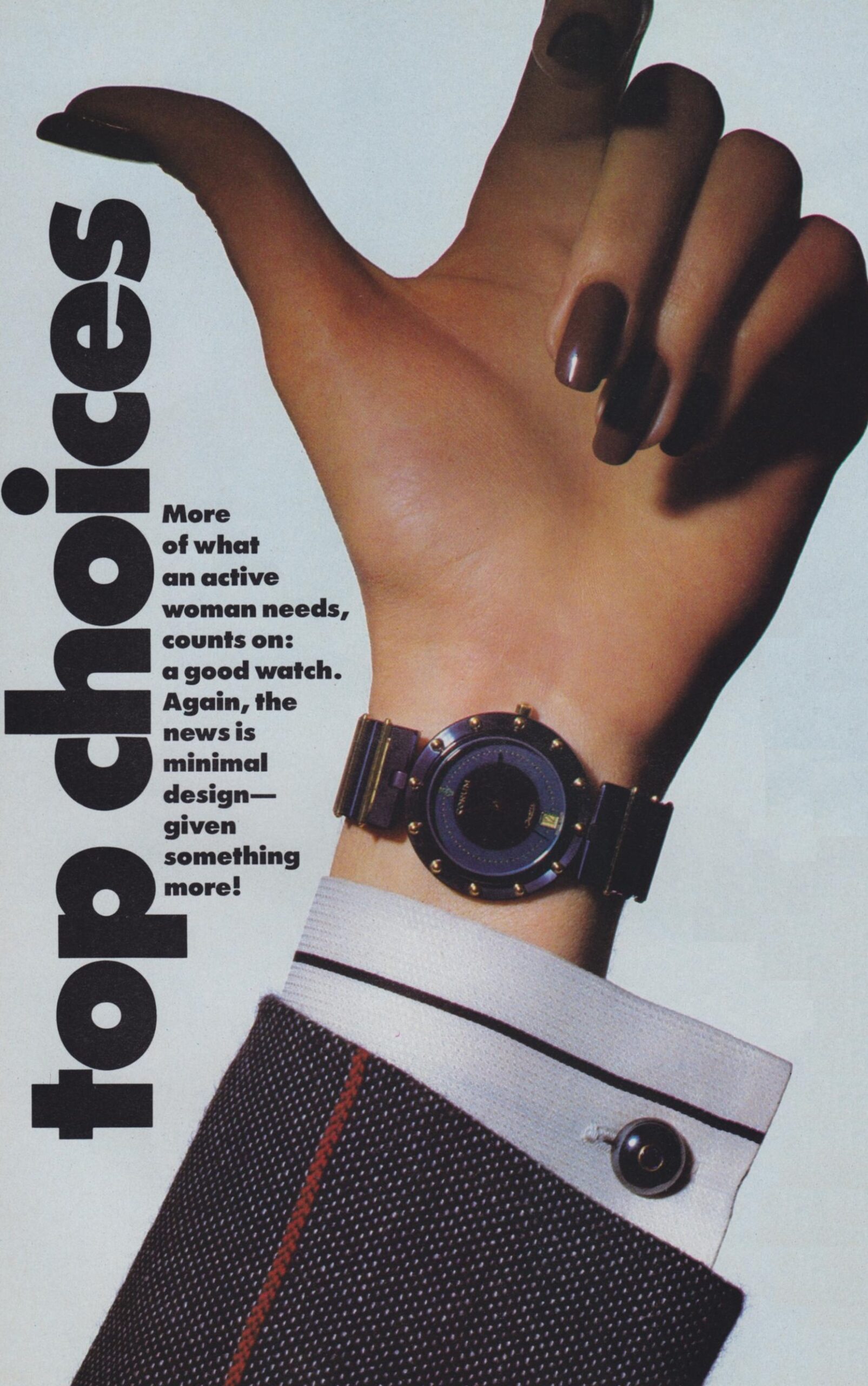 Model wearing a Corum watch, Vogue, August 1984.