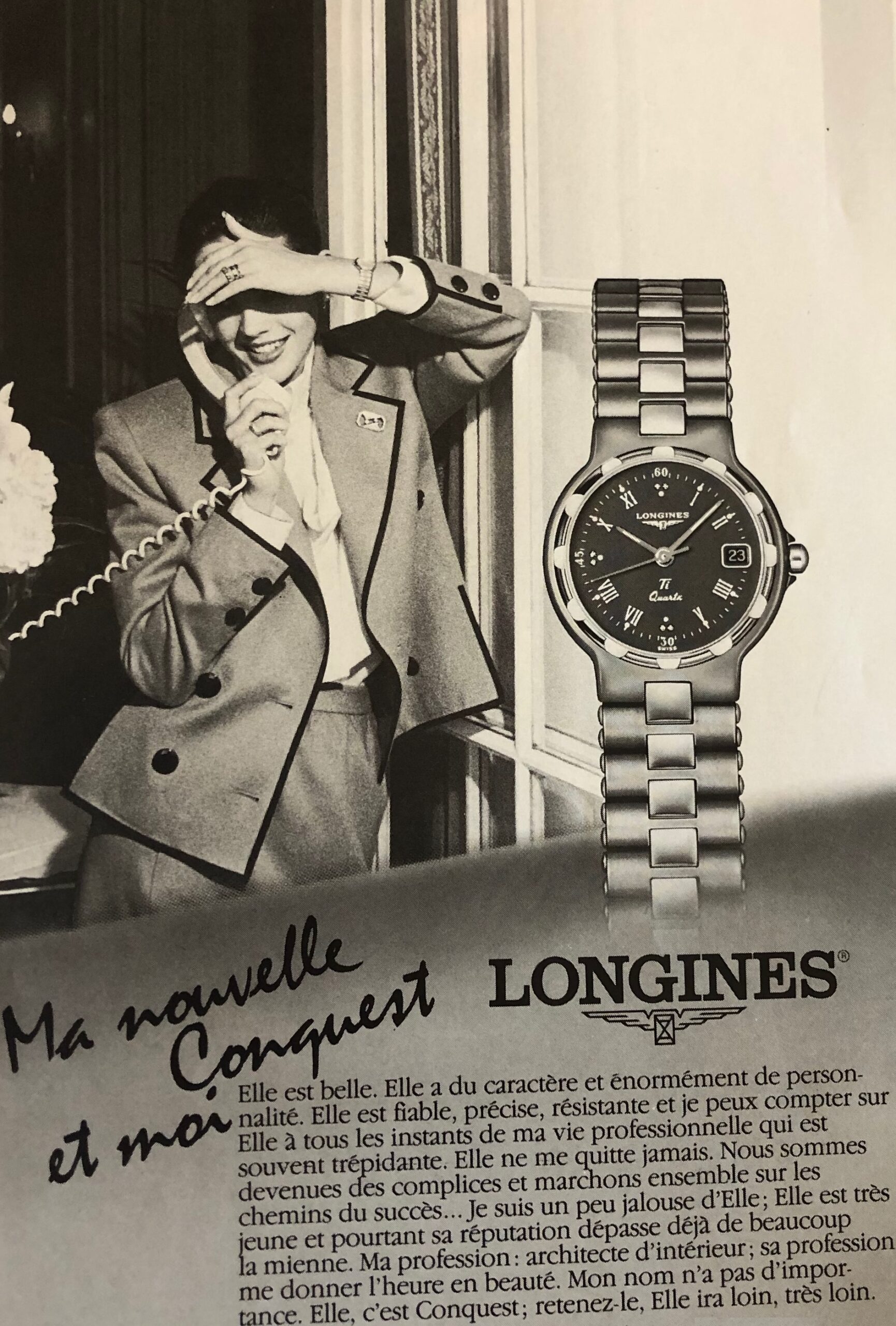 Longines advertisement for the Conquest watch, published in Vogue Paris, September 1987.