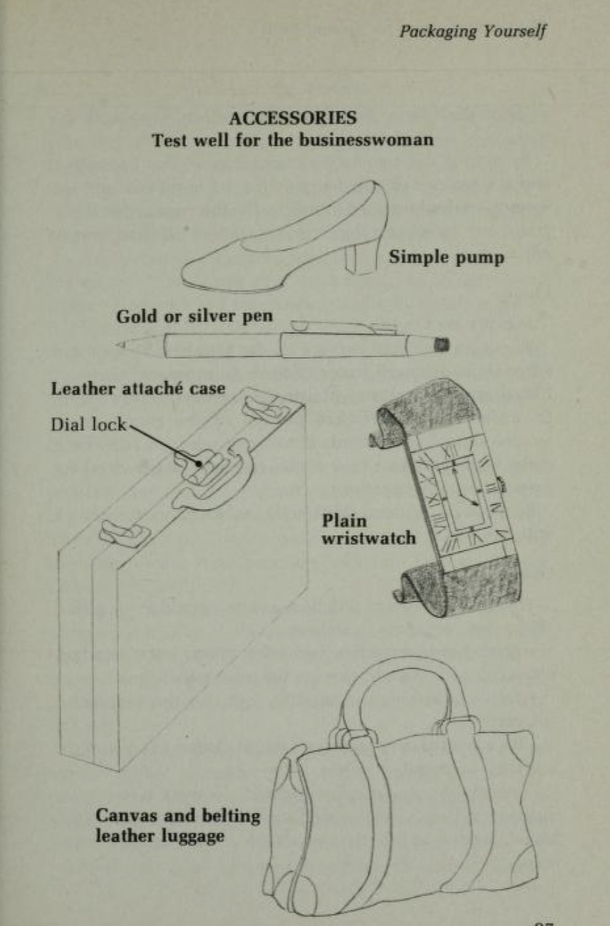 Les accessoires convenant à la femme d’affaire » John T. Molloy The Woman’s Dress for Success Book, New York, Warner Books, p. 97.