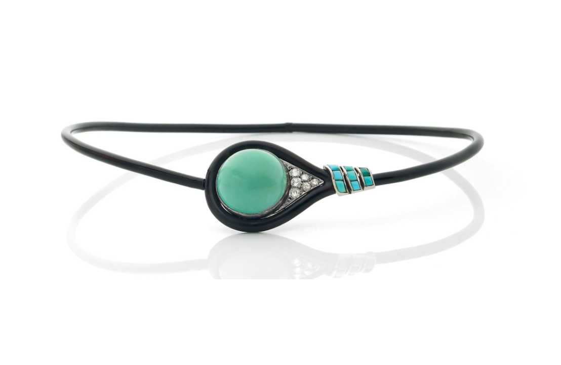 Collier Torque en Turquoises, diamants taille rose, émail noir Argent