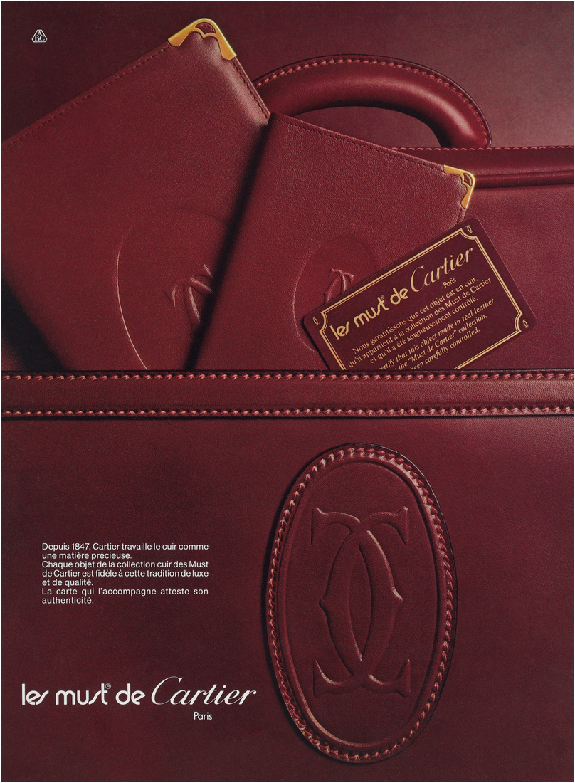 Publicité pour la maroquinerie Les Must de Cartier, 1983. Les Ateliers ABC 