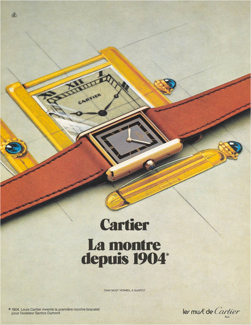 Publicité pour la montre Tank Must en vermeil de Cartier créée en 1983 sur laquelle est écrit Cartier la montre depuis 1904