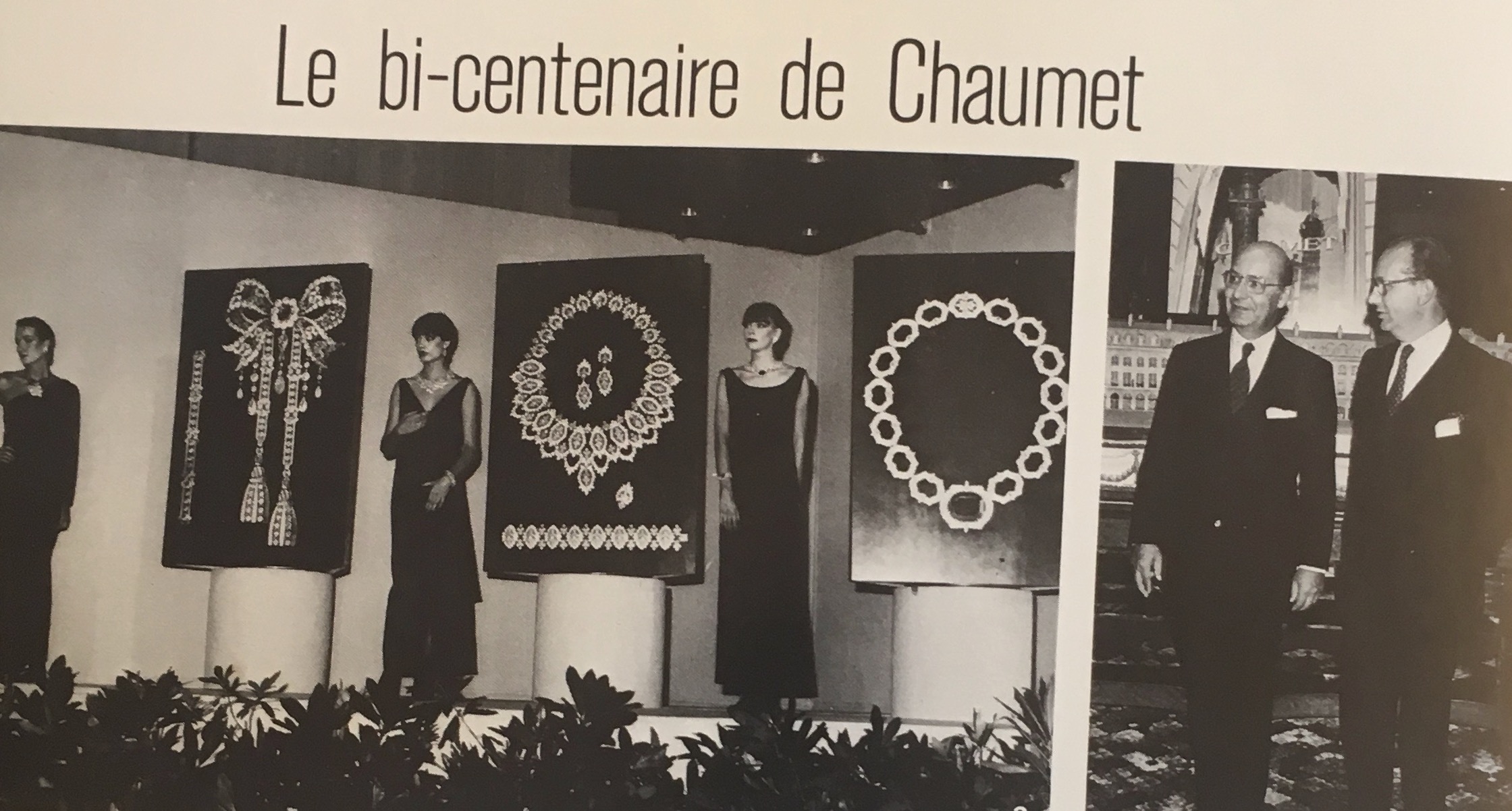 Grand cocktail party at the Pavillon Gabriel to celebrate Chaumet's bicentenary. On the right, Jacques and Pierre Chaumet. Vogue Paris November 1980.