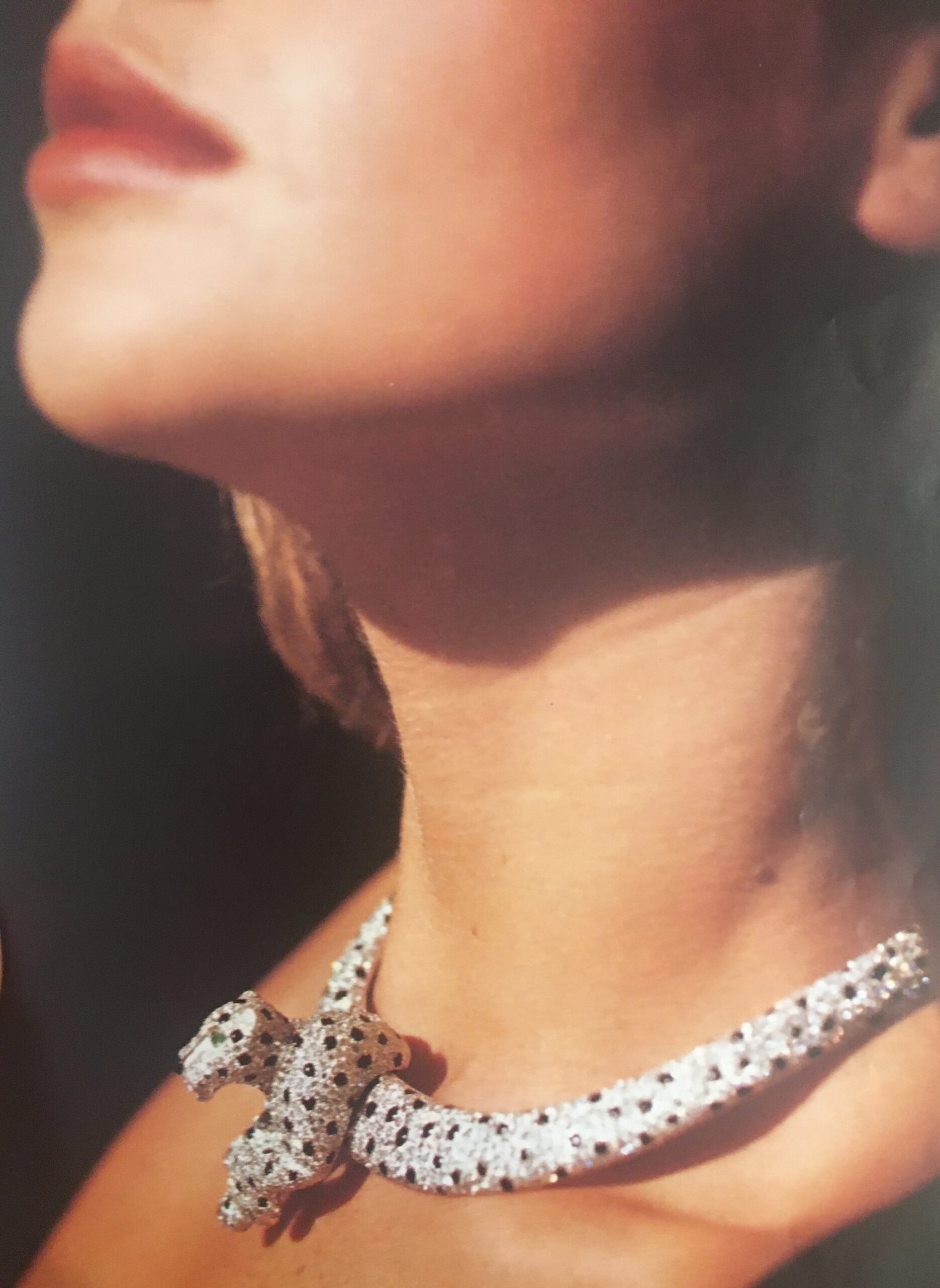 Necklace with removable panther brooch set with 1,600 brilliant-cut diamonds and onyx mounted on white gold and platinum. Cartier. Vogue Paris September 1986.