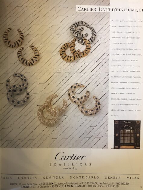 Advertisement for tiger and panther earrings by Cartier Haute Joaillerie 1988. Les Ateliers ABC