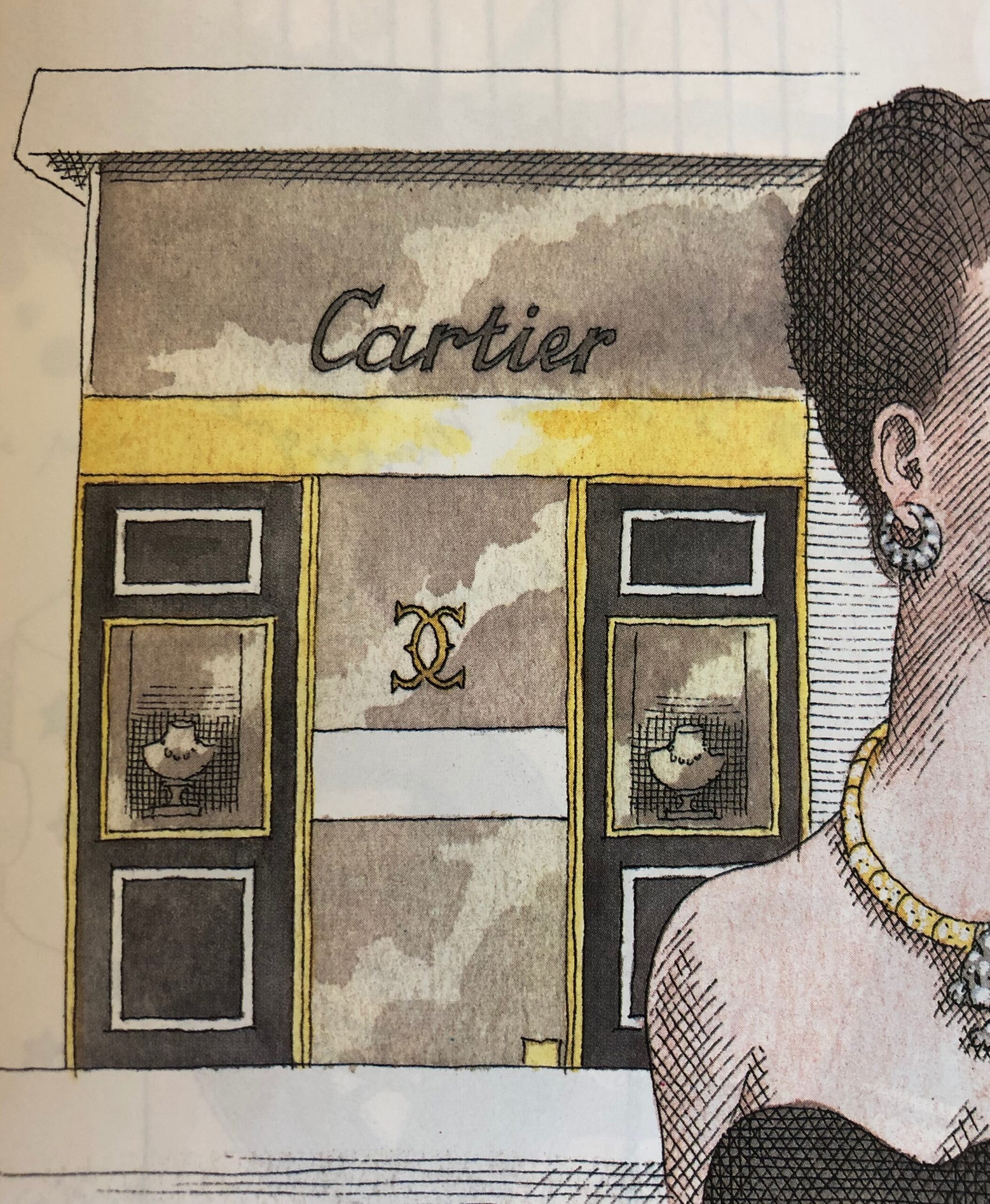 Pierre Le-Tan, Dessin de la boutique Cartier 12, avenue Montaigne à Paris, publié dans Vogue Paris, octobre 1987.