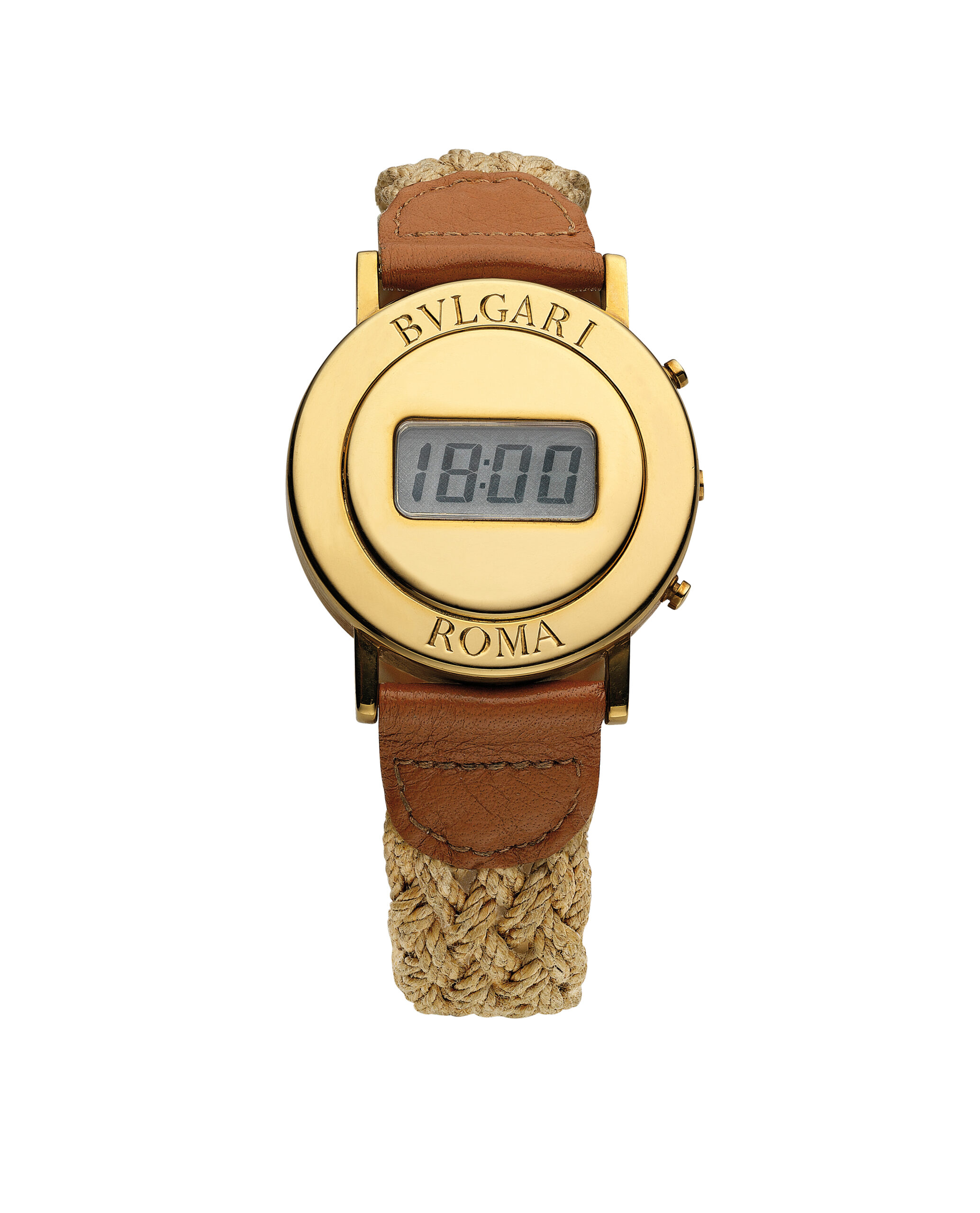 Bulgari BVLGARI Roma watch circa 1975 in gold natural hemp and leather. Bulgari Heritage Collection.