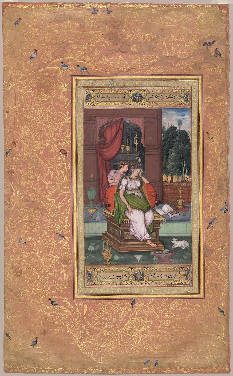 Femme mélancolique et suivante (Melancholic Woman and Attendant), attribué à Basawan (actif v. 1560–1600) ; Inde du Nord, atelier moghol, période moghole, v. 1590 (bordure postérieure). Aquarelle opaque (gouache) et rehauts d’or sur papier ; 43 × 26,2 cm. Museum of Fine Arts, Boston, inv. 14.688 (achat du musée, fonds Francis Bartlett Donation of 1912 et contribution)